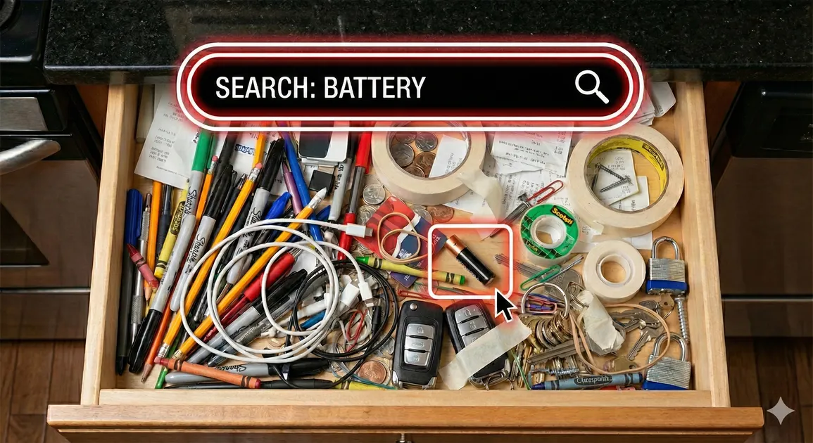 Junk drawer interface with search functionality showing organized household items
